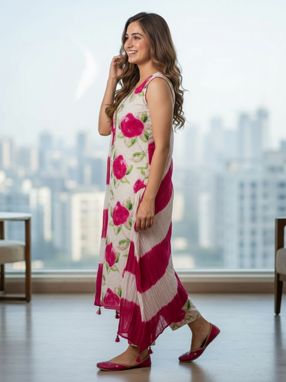 Abstract Floral Printed Sequin Straight Kurta with Palazzo & Dupatta - Cream