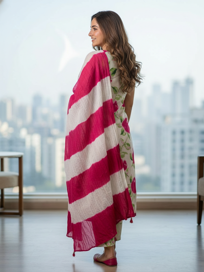 Abstract Floral Printed Sequin Straight Kurta with Palazzo & Dupatta - Cream