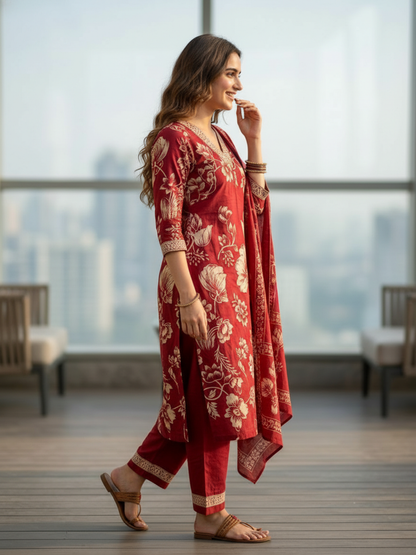Abstract Floral Jaal Printed Straight Kurta with Palazzo & Dupatta - Red