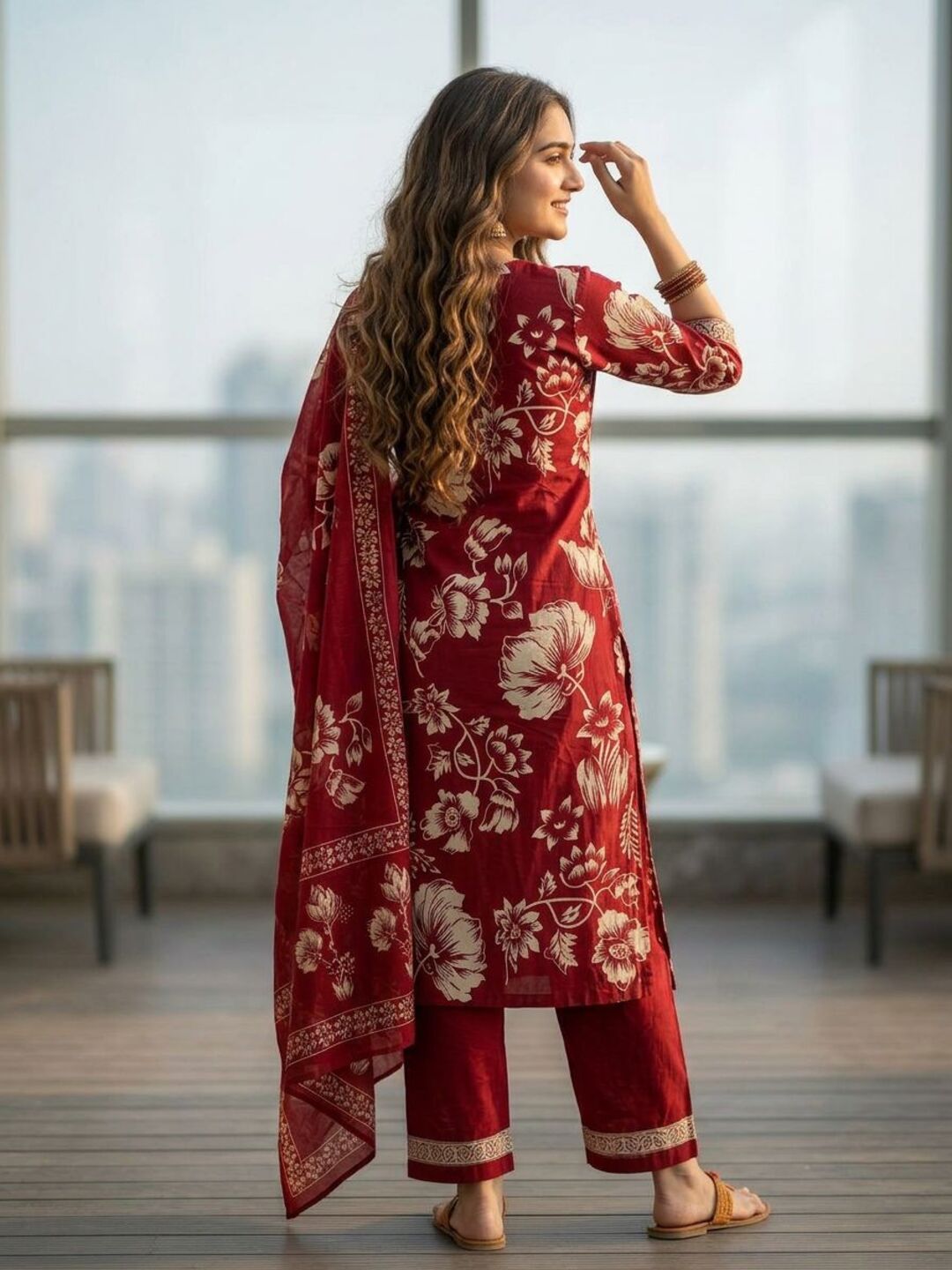 Abstract Floral Jaal Printed Straight Kurta with Palazzo & Dupatta - Red