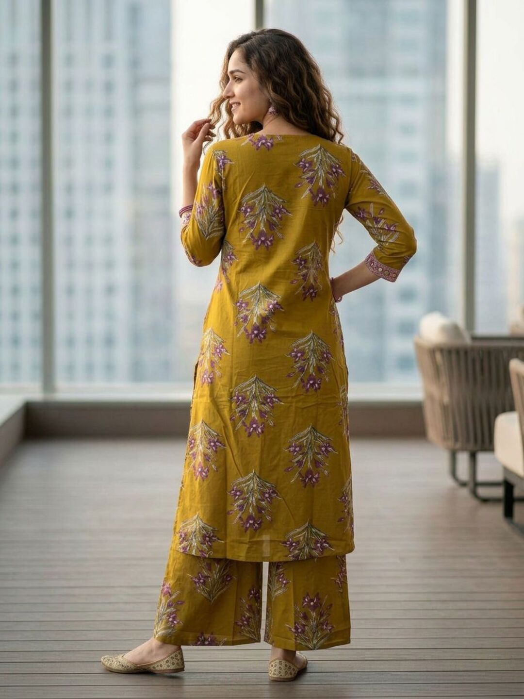 Floral Bota Printed Embroidered A-Line Kurta with Palazzo - Mustard