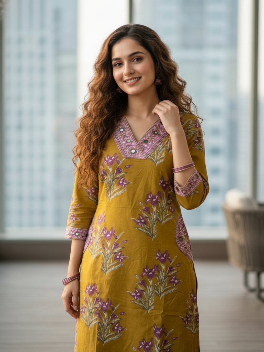 Floral Bota Printed Embroidered A-Line Kurta with Palazzo - Mustard