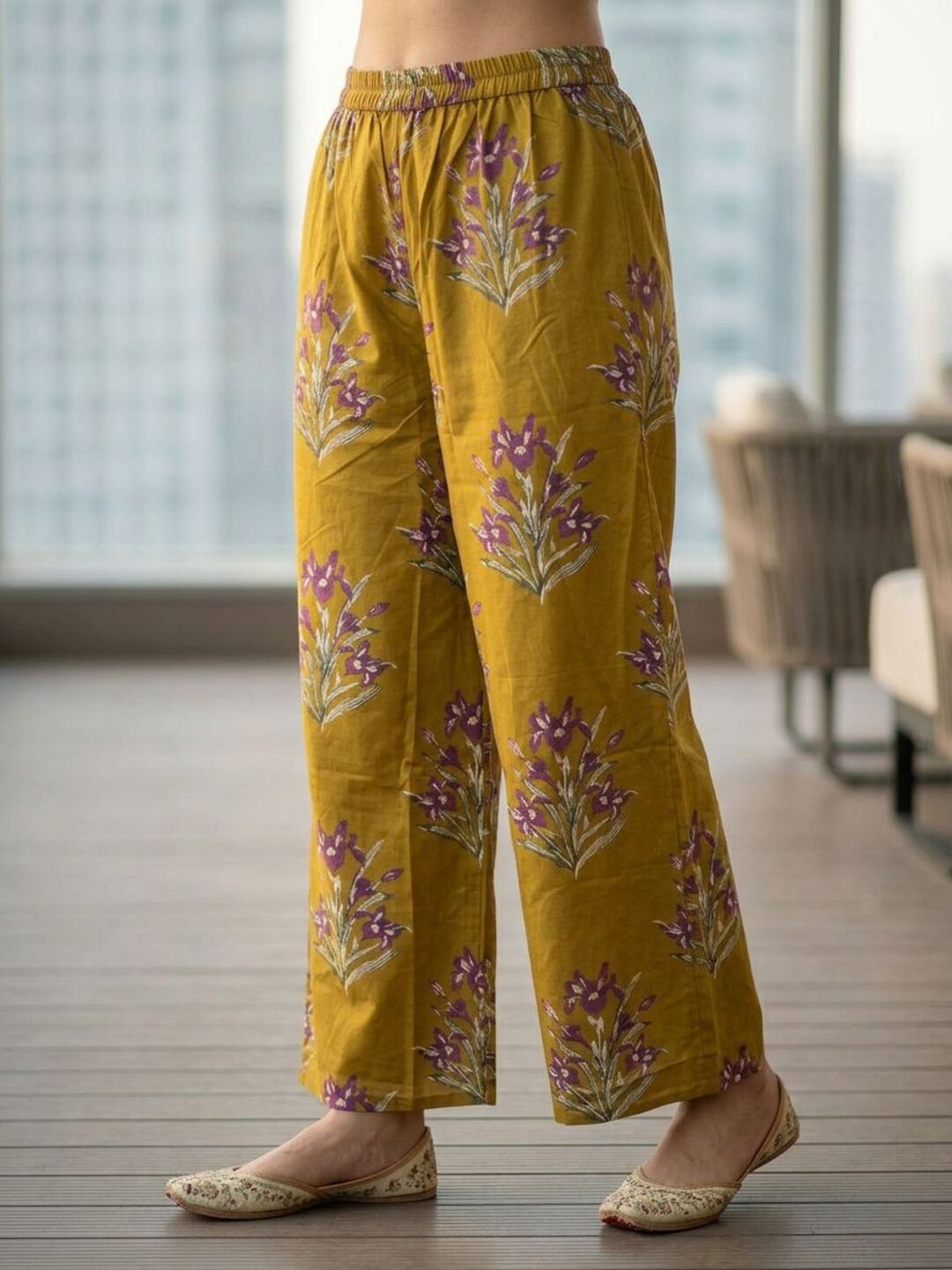 Floral Bota Printed Embroidered A-Line Kurta with Palazzo - Mustard