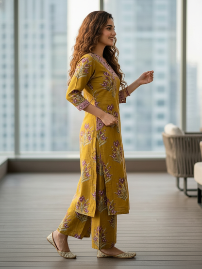 Floral Bota Printed Embroidered A-Line Kurta with Palazzo - Mustard