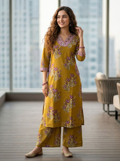Floral Bota Printed Embroidered A-Line Kurta with Palazzo - Mustard