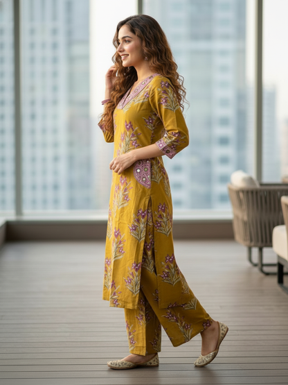 Floral Bota Printed Embroidered A-Line Kurta with Palazzo - Mustard