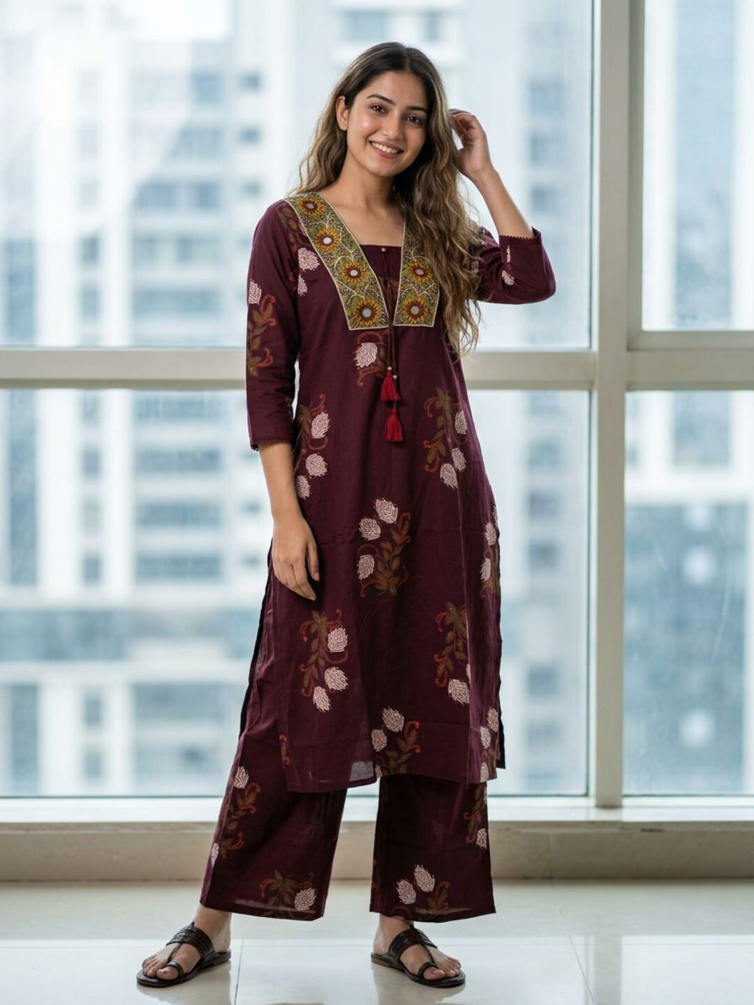 Floral Bota Printed Embroidered Straight Kurta with Palazzo - Maroon