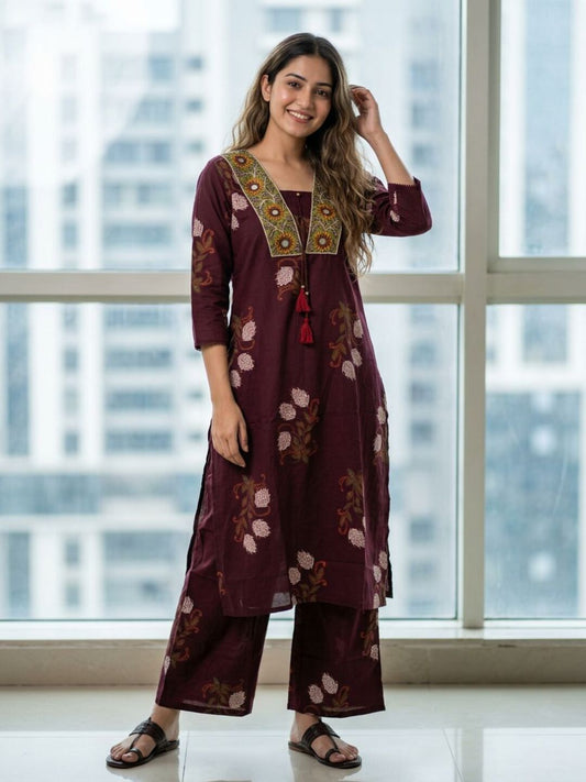 Floral Bota Printed Embroidered Straight Kurta with Palazzo - Maroon