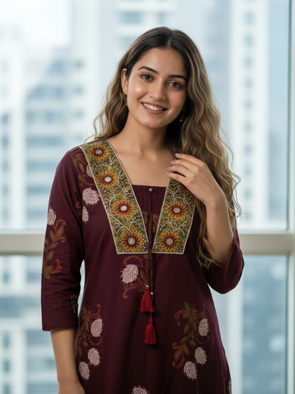 Floral Bota Printed Embroidered Straight Kurta with Palazzo - Maroon