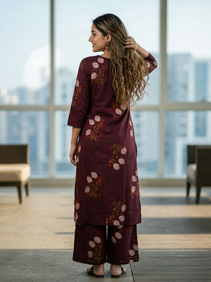 Floral Bota Printed Embroidered Straight Kurta with Palazzo - Maroon