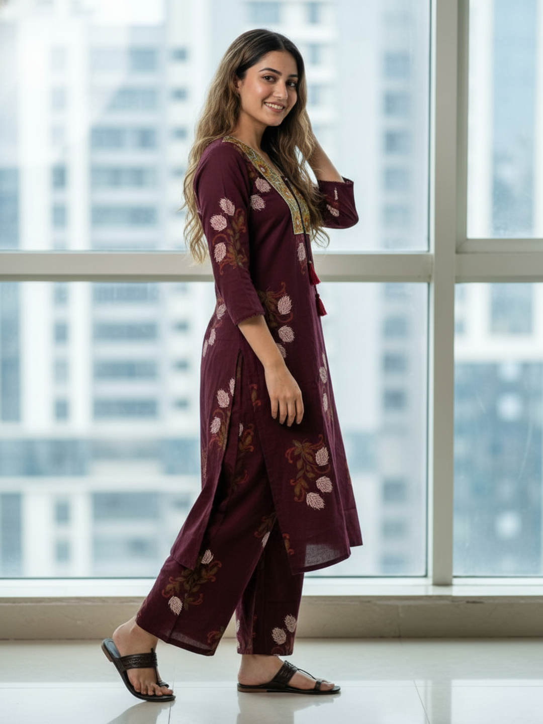 Floral Bota Printed Embroidered Straight Kurta with Palazzo - Maroon