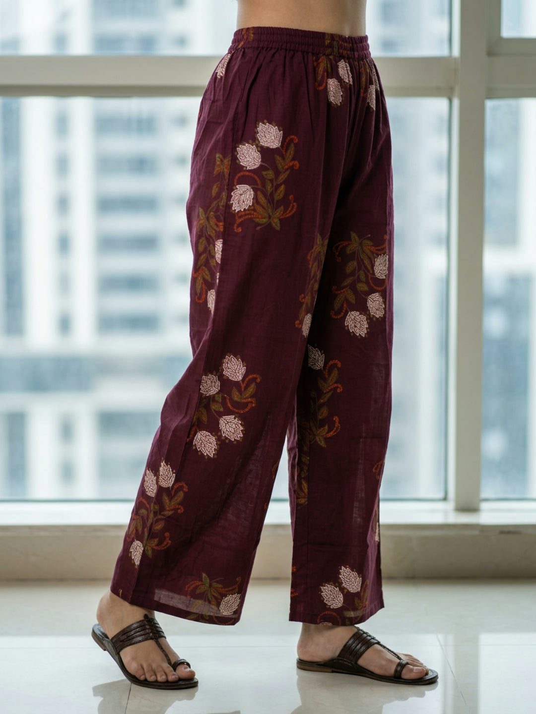 Floral Bota Printed Embroidered Straight Kurta with Palazzo - Maroon