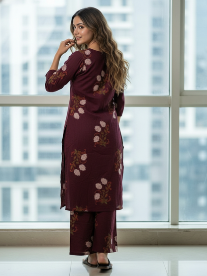 Floral Bota Printed Embroidered Straight Kurta with Palazzo - Maroon