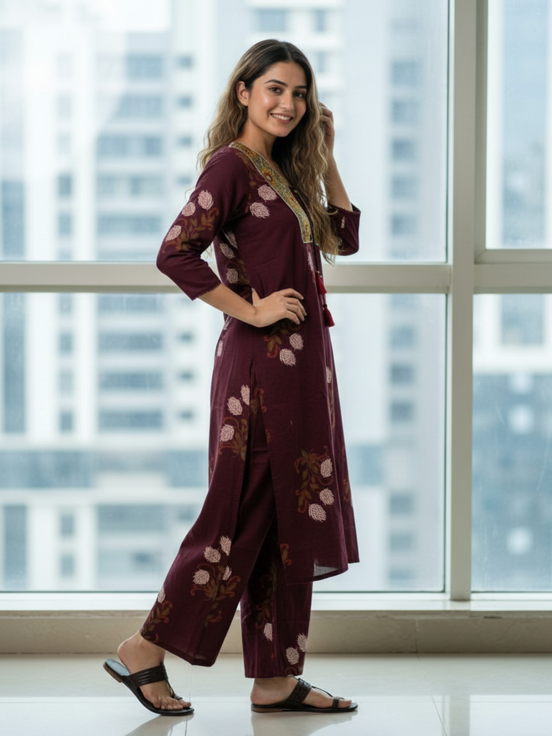 Floral Bota Printed Embroidered Straight Kurta with Palazzo - Maroon