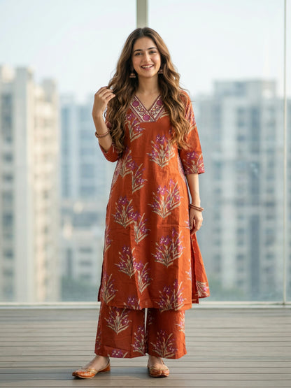 Floral Bota Printed Embroidered A-Line Kurta with Palazzo - Rust