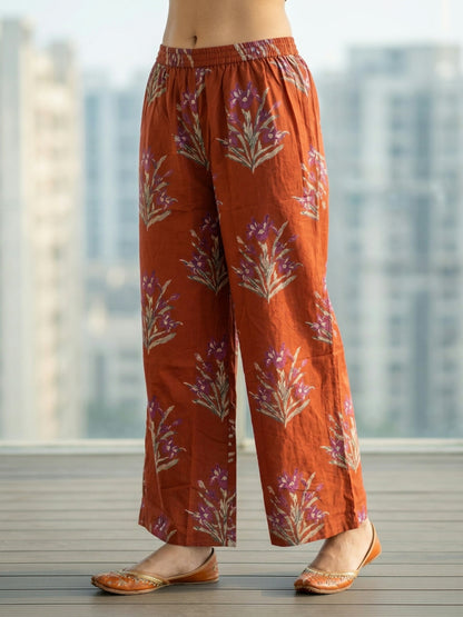 Floral Bota Printed Embroidered A-Line Kurta with Palazzo - Rust