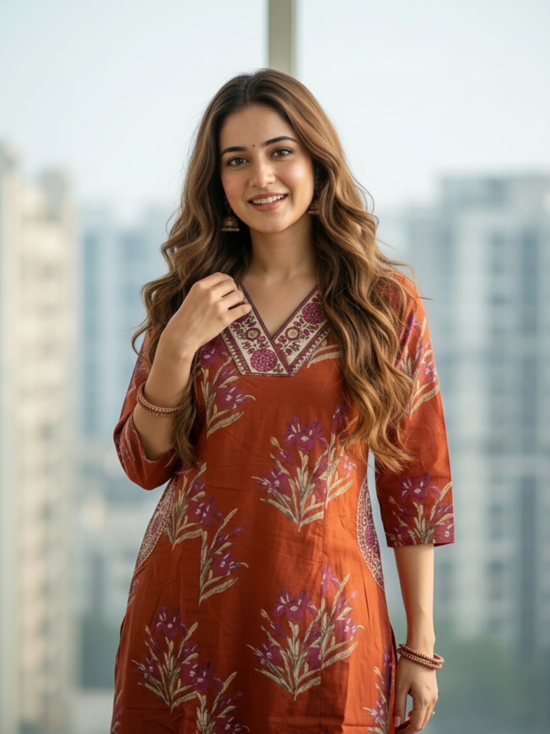 Floral Bota Printed Embroidered A-Line Kurta with Palazzo - Rust