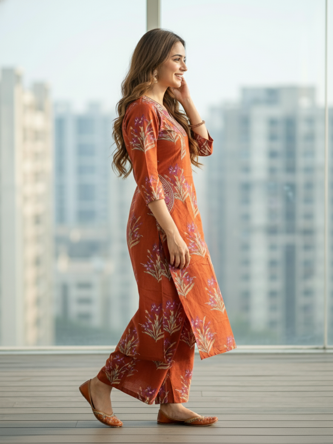 Floral Bota Printed Embroidered A-Line Kurta with Palazzo - Rust