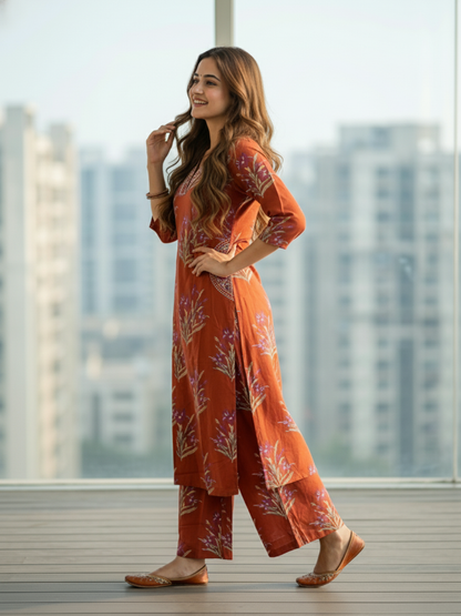 Floral Bota Printed Embroidered A-Line Kurta with Palazzo - Rust