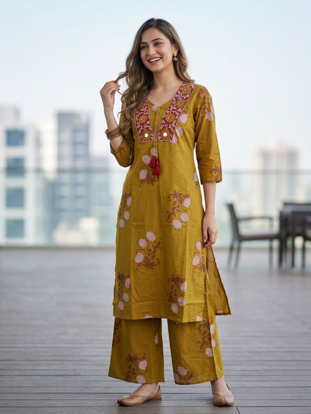 Floral Bota Printed Embroidered Straight Kurta with Palazzo - Mustard