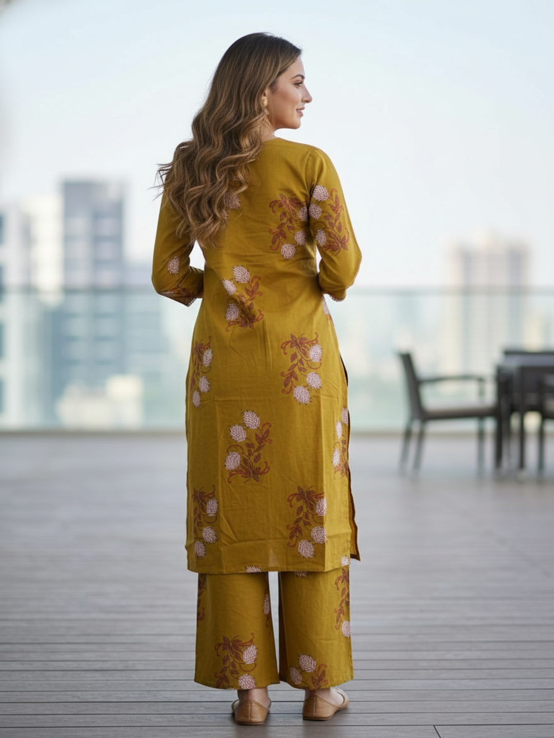 Floral Bota Printed Embroidered Straight Kurta with Palazzo - Mustard