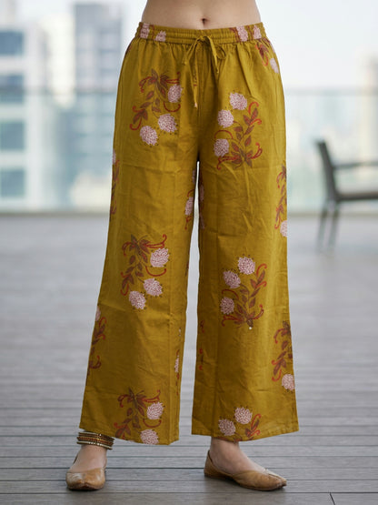 Floral Bota Printed Embroidered Straight Kurta with Palazzo - Mustard