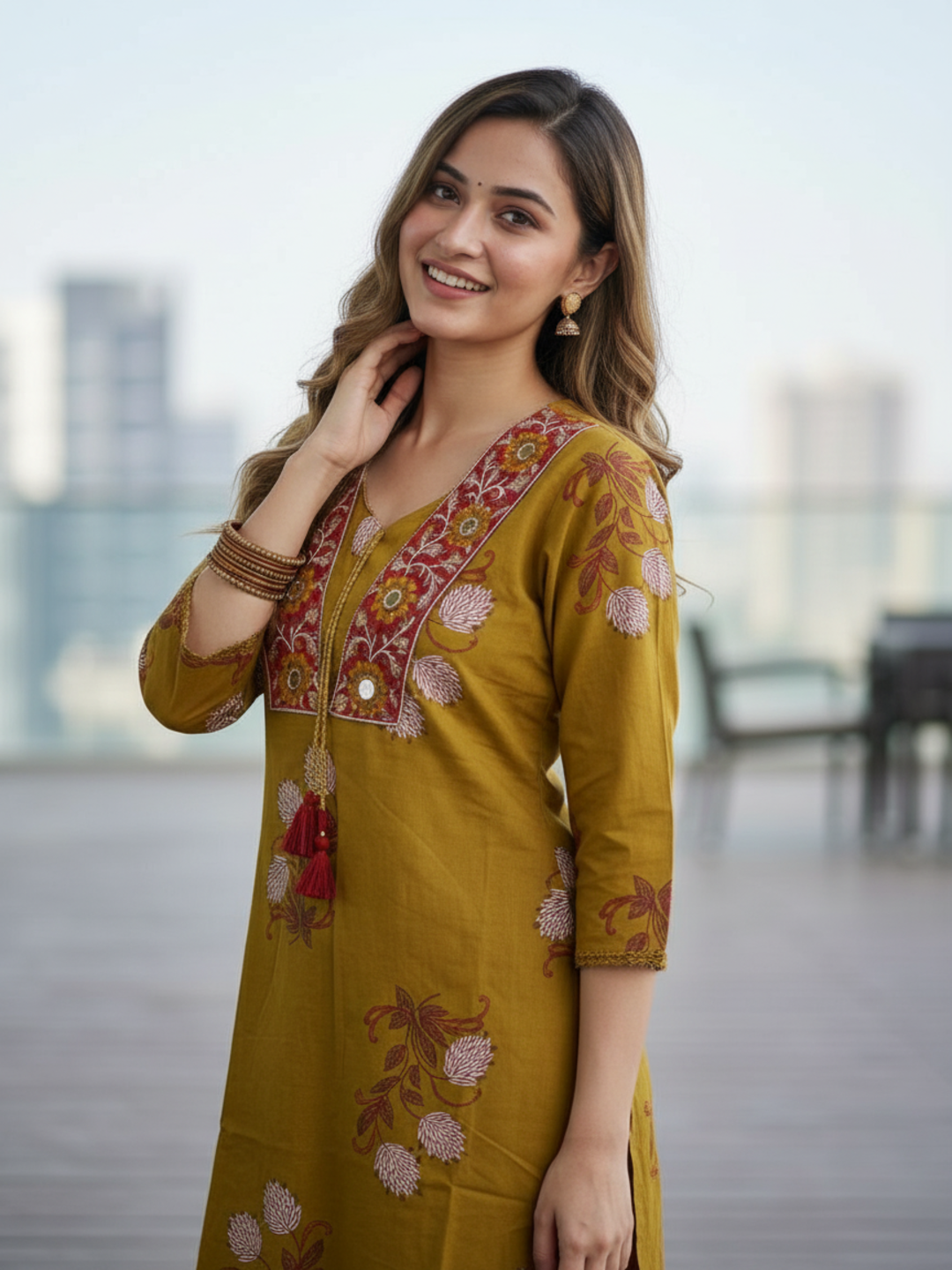 Floral Bota Printed Embroidered Straight Kurta with Palazzo - Mustard