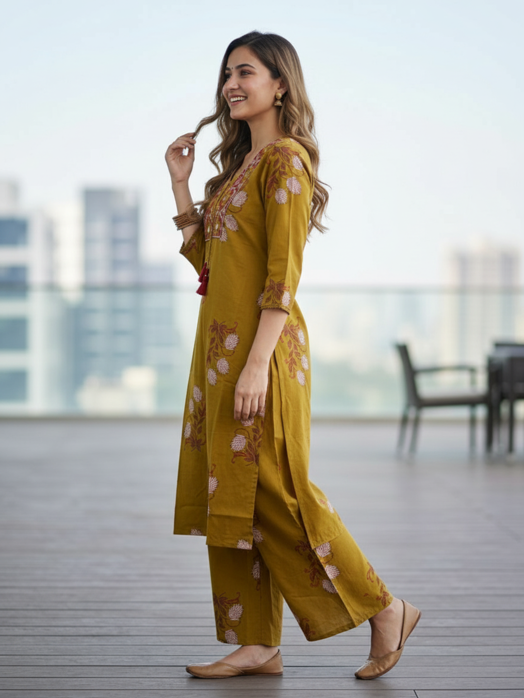 Floral Bota Printed Embroidered Straight Kurta with Palazzo - Mustard
