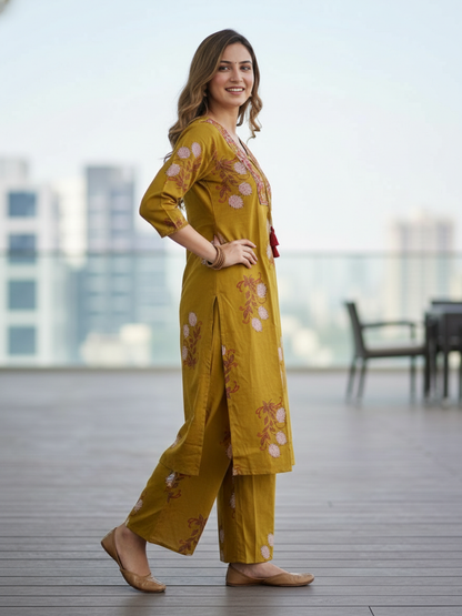 Floral Bota Printed Embroidered Straight Kurta with Palazzo - Mustard
