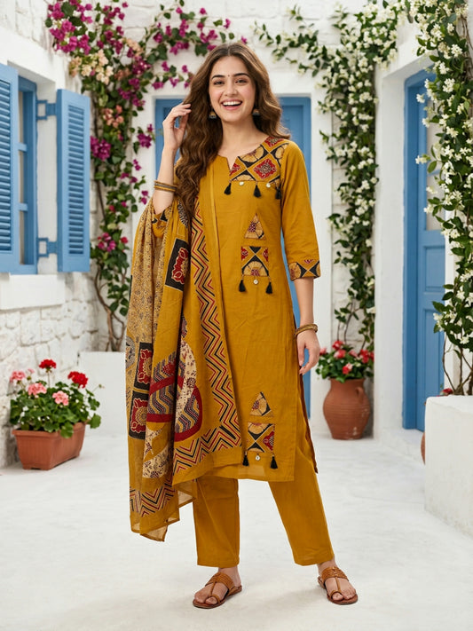 Ajrakh Printed Kantha Work Straight Kurta with Palazzo & Dupatta - Mustard