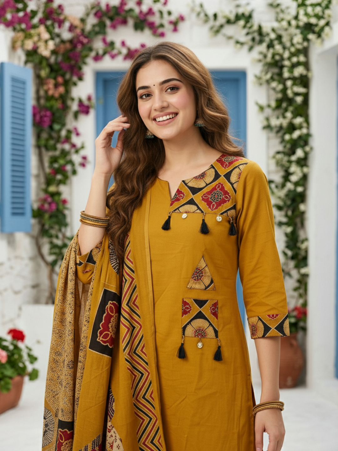 Ajrakh Printed Kantha Work Straight Kurta with Palazzo & Dupatta - Mustard