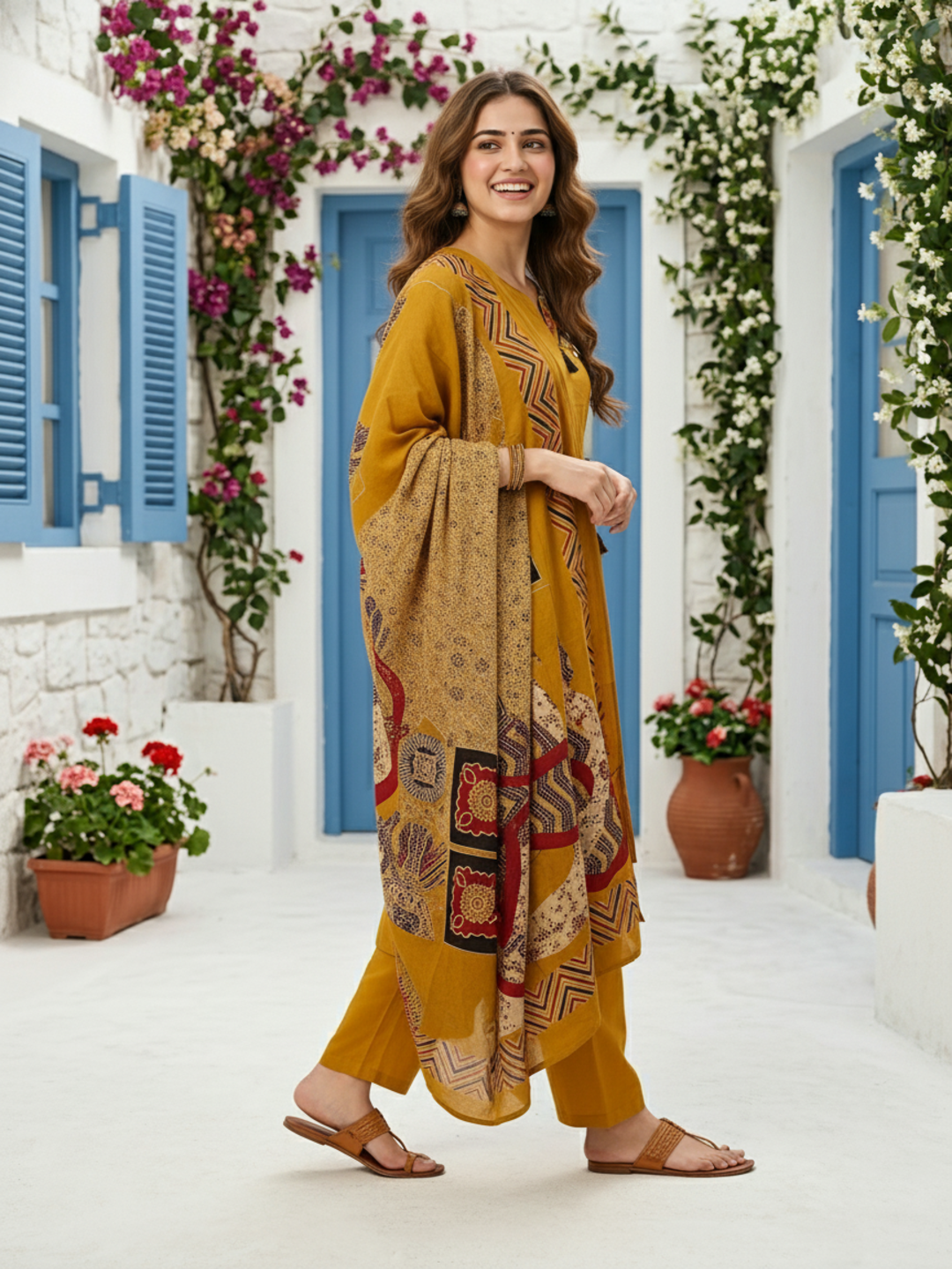 Ajrakh Printed Kantha Work Straight Kurta with Palazzo & Dupatta - Mustard