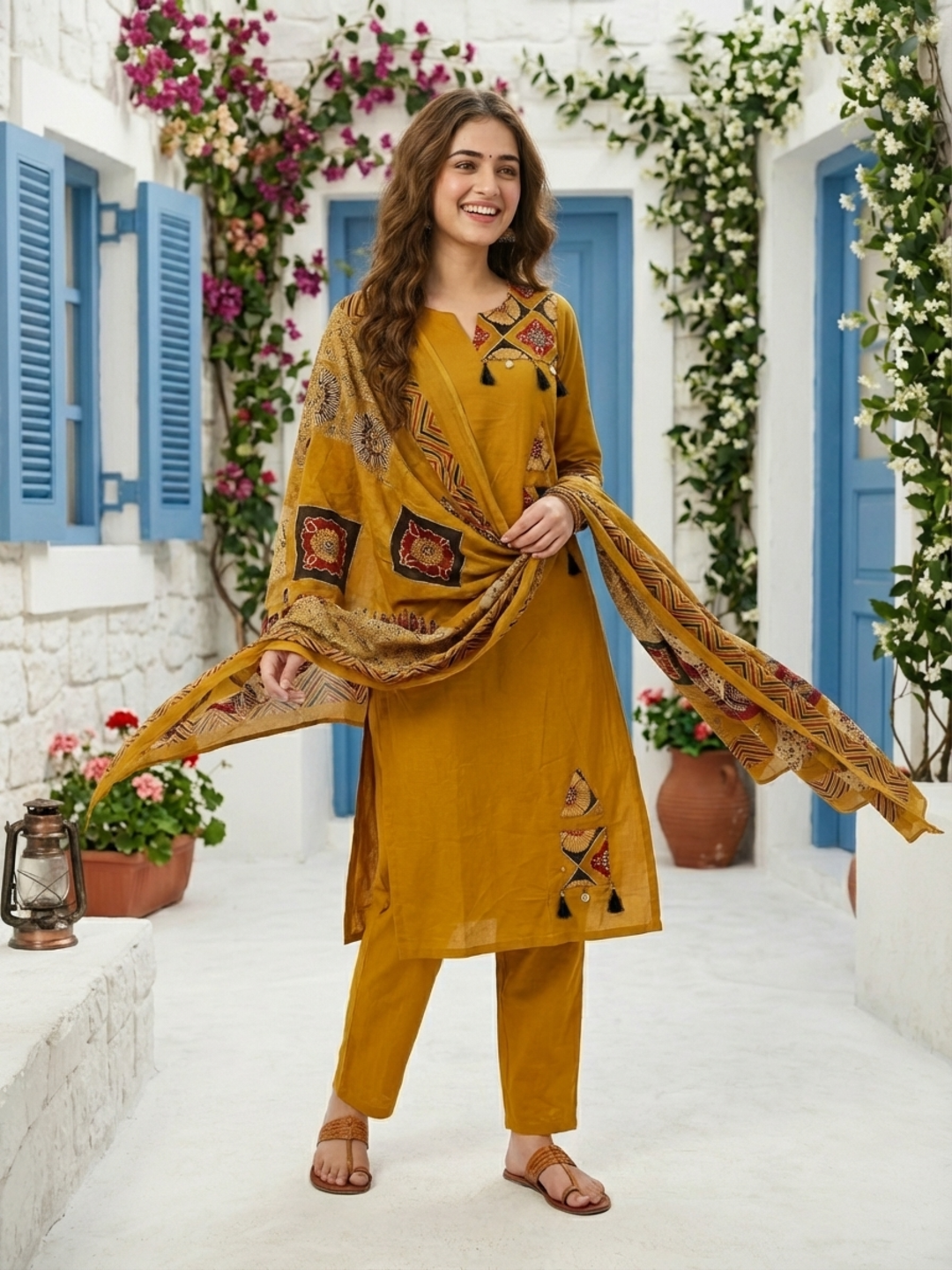 Ajrakh Printed Kantha Work Straight Kurta with Palazzo & Dupatta - Mustard