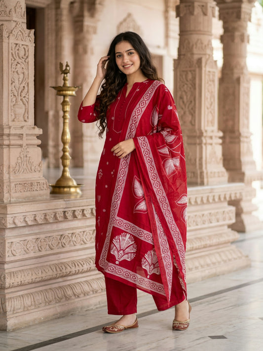 Ethnic Printed Kantha Work Straight Kurta with Pyjama & Dupatta - Maroon