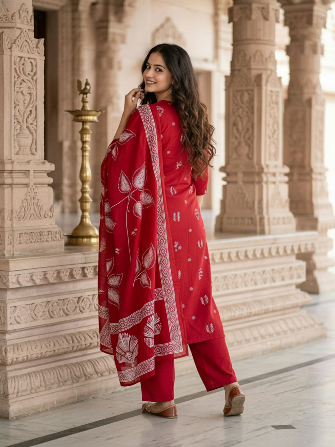 Ethnic Printed Kantha Work Straight Kurta with Pyjama & Dupatta - Maroon
