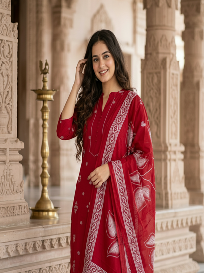 Ethnic Printed Kantha Work Straight Kurta with Pyjama & Dupatta - Maroon