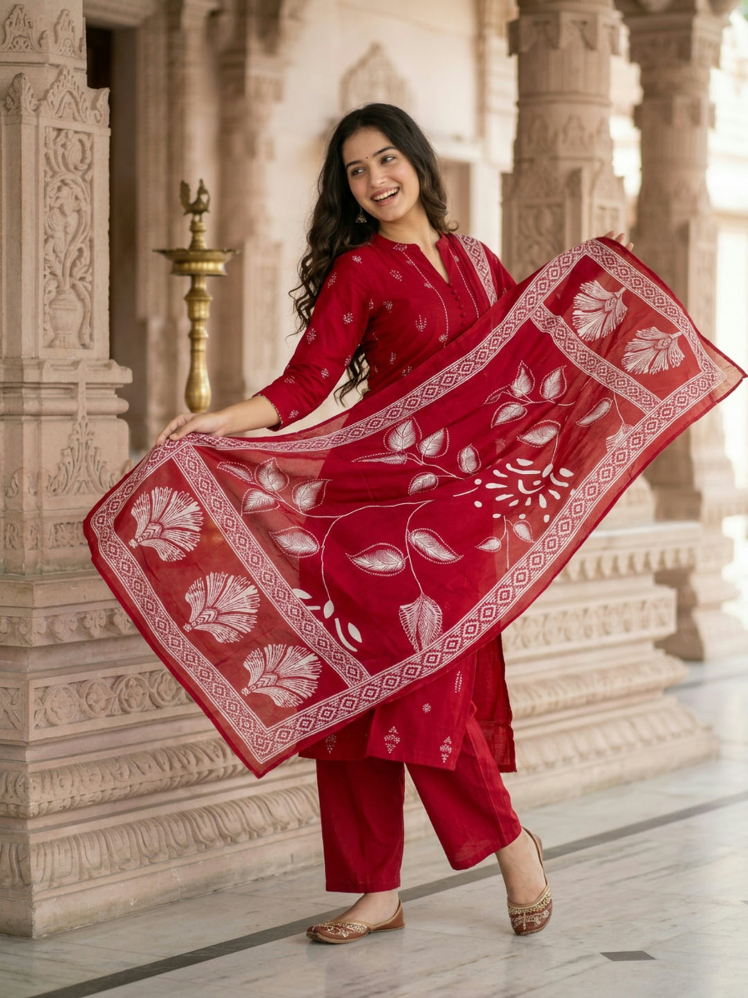 Ethnic Printed Kantha Work Straight Kurta with Pyjama & Dupatta - Maroon