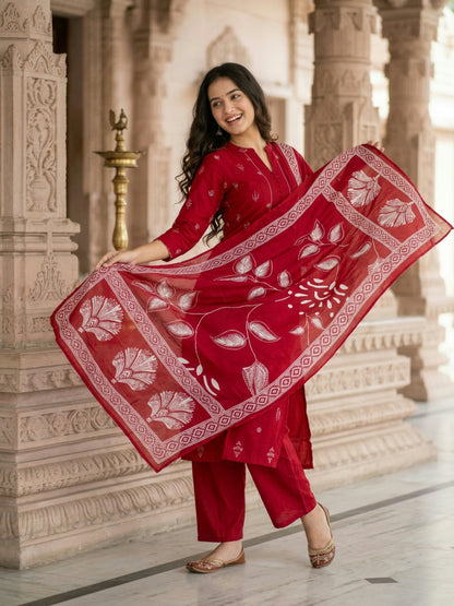 Ethnic Printed Kantha Work Straight Kurta with Pyjama & Dupatta - Maroon