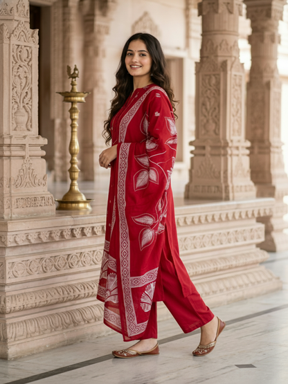 Ethnic Printed Kantha Work Straight Kurta with Pyjama & Dupatta - Maroon