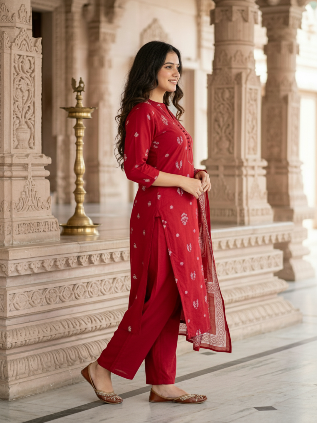 Ethnic Printed Kantha Work Straight Kurta with Pyjama & Dupatta - Maroon