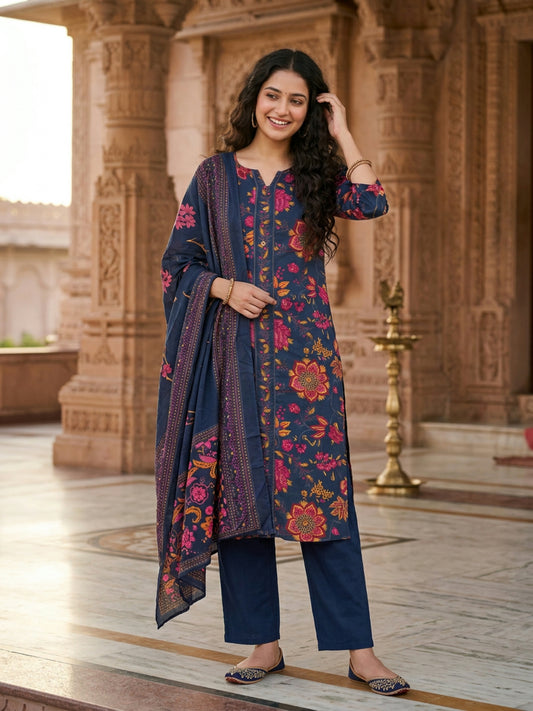 Kalamkari Printed Kantha Work Straight Kurta with Pyjama & Dupatta - Navy Blue