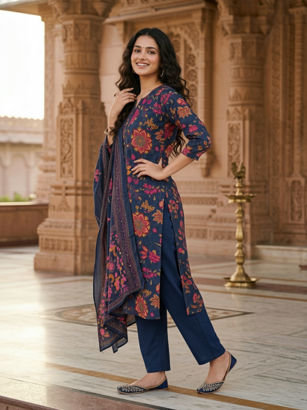 Kalamkari Printed Kantha Work Straight Kurta with Pyjama & Dupatta - Navy Blue