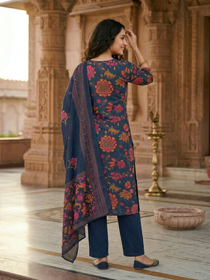 Kalamkari Printed Kantha Work Straight Kurta with Pyjama & Dupatta - Navy Blue