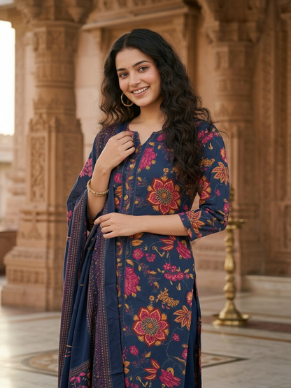 Kalamkari Printed Kantha Work Straight Kurta with Pyjama & Dupatta - Navy Blue