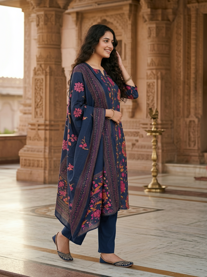 Kalamkari Printed Kantha Work Straight Kurta with Pyjama & Dupatta - Navy Blue