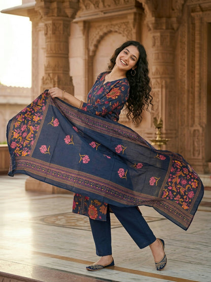 Kalamkari Printed Kantha Work Straight Kurta with Pyjama & Dupatta - Navy Blue