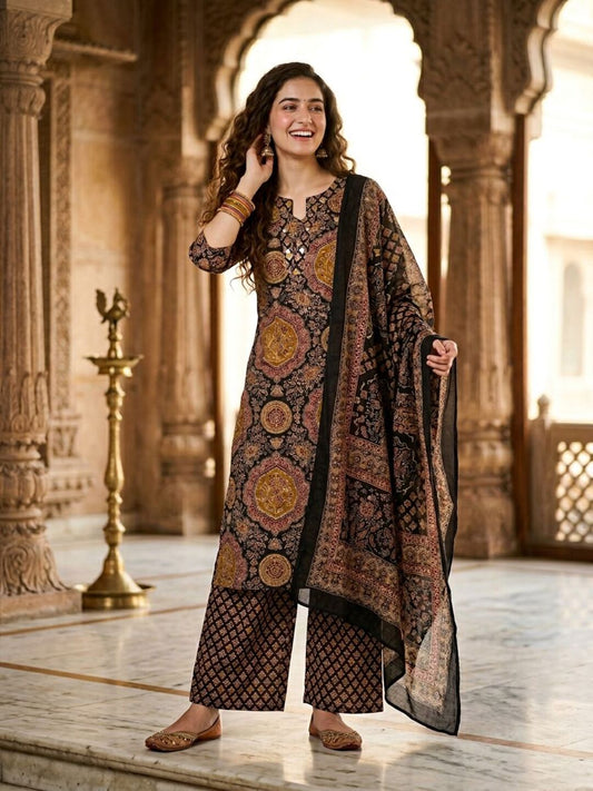 Ajrakh Printed Kantha Work Straight Kurta with Pyjama & Dupatta - Multicolor