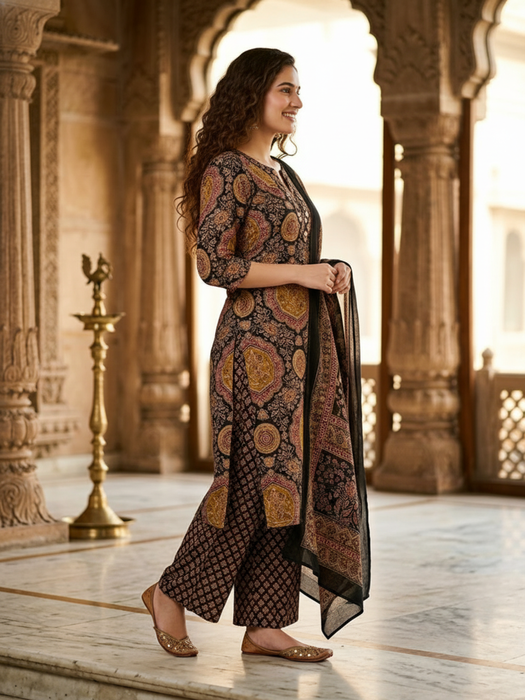 Ajrakh Printed Kantha Work Straight Kurta with Pyjama & Dupatta - Multicolor