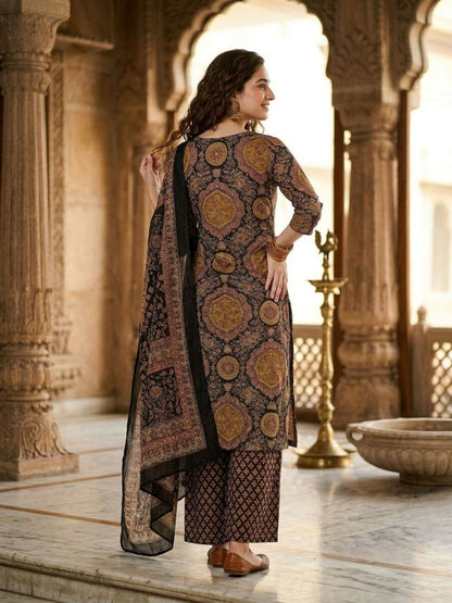 Ajrakh Printed Kantha Work Straight Kurta with Pyjama & Dupatta - Multicolor