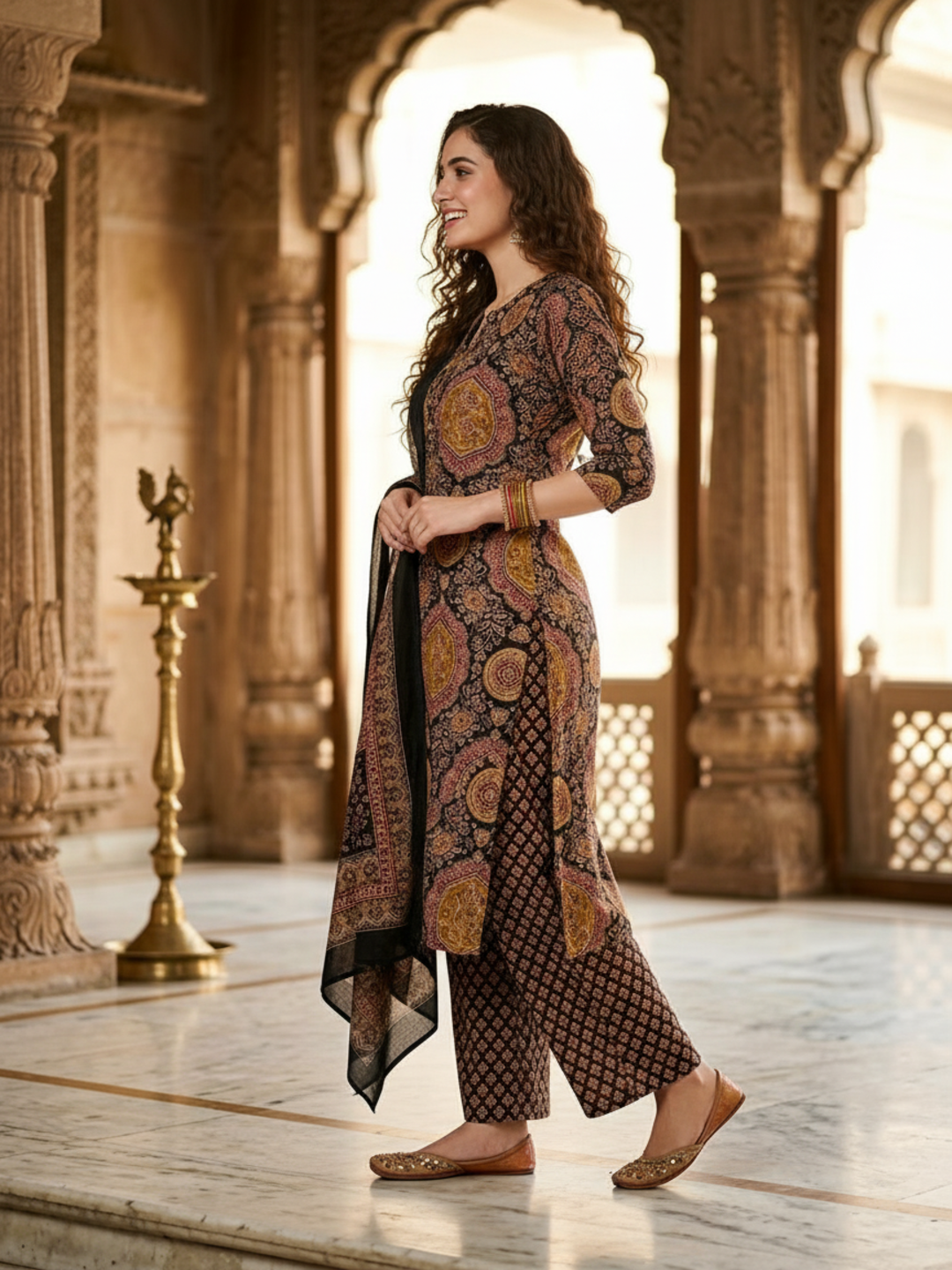 Ajrakh Printed Kantha Work Straight Kurta with Pyjama & Dupatta - Multicolor